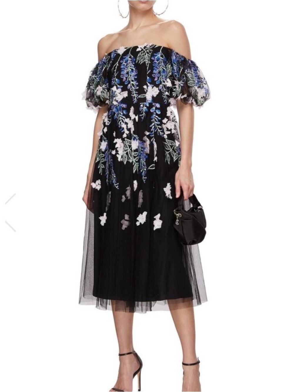 Off-Shoulder Black Floral Embroidered Midi Dress